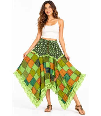 Cotton Patchwork Bohemian Lace-Trim Festival Skirt R261635G