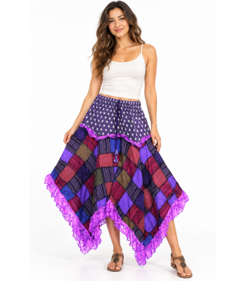 Cotton Patchwork Bohemian Lace-Trim Festival Skirt R261635P