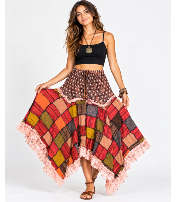 Cotton Patchwork Bohemian Lace-Trim Festival Skirt  R261635R