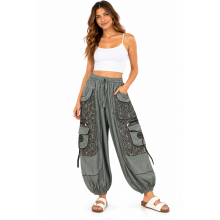Cotton Heavy Shayma  Zip Swirl Emb Pocket  Blue Boho Pant RB11