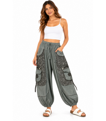 Cotton Heavy Shayma  Zip Swirl Emb Pocket  Blue Boho Pant RB11