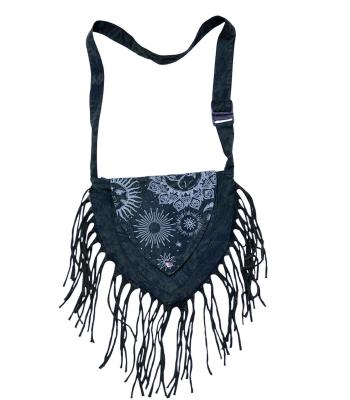 Cotton Stonewashed Boho Fringe Sling Bag RIB261528