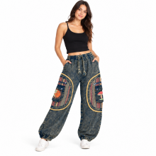 Cotton Stonewash Denim Black Square Patch Sun Moon Mushroom Cargo Pant D1126