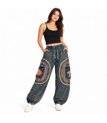 Cotton Stonewash Denim Black Square Patch Sun Moon Mushroom Cargo Pant D1126 