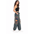 Cotton Stonewash Denim Black Square Patch Sun Moon Mushroom Cargo Pant D1126