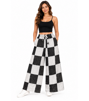Cotton Black & White Patch Stonewash Cali Palazzo Pant D1264