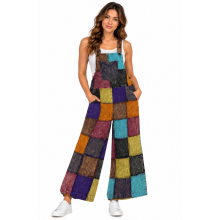 Cotton Multi Patchwork Stonewash Wide Leg Jumpsuit Overall D1391