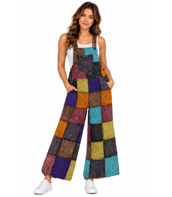 Cotton Multi Patchwork Stonewash Wide Leg Jumpsuit Overall D1391 