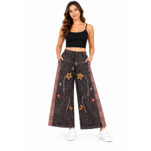 Cotton Artwork Flower Embroidery Wide Leg Pant D1478