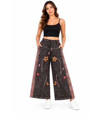 Cotton Artwork Flower Embroidery Wide Leg Pant D1478