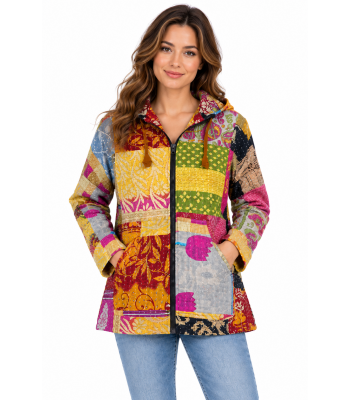 Cotton Multi Color Patchwork Zip Hood Kantha Jacket D1526 