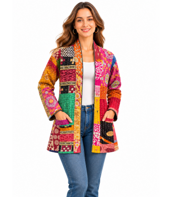Cotton Multi Color Patchwork Kantha Open Front Cardigan Jacket  D1528
