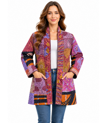 Cotton Multi Color Patchwork Purple  Kantha Open Front Long Cardigan D1534