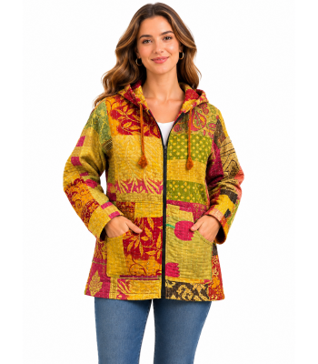 Cotton Golden Multi Patchwork Zip Hood Kantha Jacket D1536