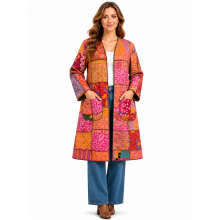 Cotton Purple Multi Patchwork Patch Pocket Open Front Kantha Long Cardigan  D1537
