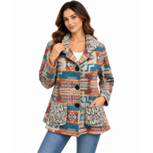 Women Multi Three Button Collar Aztec Vintage Jacket  KBS25508