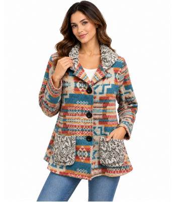 Women Multi Three Button Collar Aztec Vintage Jacket  KBS25508