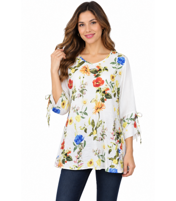 Women's Multi floral Round Neck tie slv Rose Top KCT26127