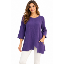 Cotton   asymmetric cut pocket 3/4 slv purple queen Top KH26195