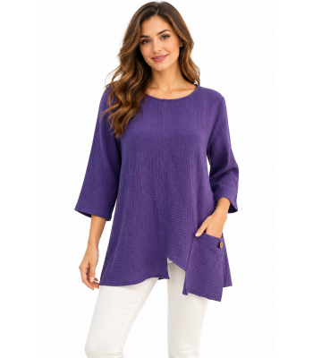 Cotton   asymmetric cut pocket 3/4 slv purple queen Top KH26195