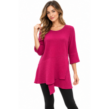 Cotton   Asymmetric Cut  3/4 Slv  Pink Rose Top KH26200