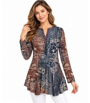 Women's Mountain Floral Abstract Burnout Three Button Up Tunic KV23322
