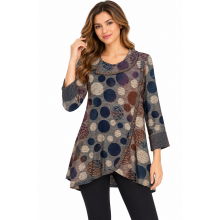 Women's Polka Burnout  Diagonal Button Decorated Crawl Neck Tunic (KV23342)