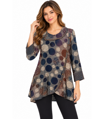 Women's Polka Burnout  Diagonal Button Decorated Crawl Neck Tunic (KV23342)
