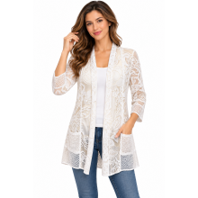 Women's White multi Lace  flower artwork pocket  Open Front Cardigan KV26147