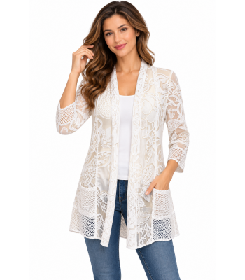 Women's White multi Lace  flower artwork pocket  Open Front Cardigan KV26147