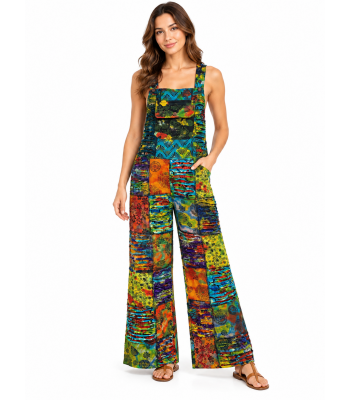 Cotton Razor Cut Patchwork Tie Dye Festive Jumpsuit Overall LF26370