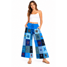 Denim Blue Wide Leg Crazy Artwork Floral Pant D1099