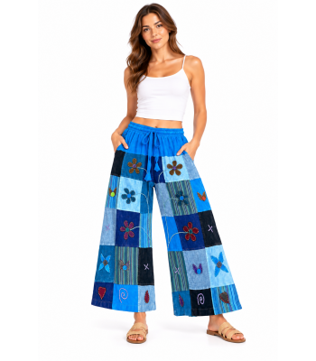Denim Blue Wide Leg Crazy Artwork Floral Pant D1099