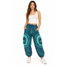 Cotton Stonewash Teal Square Peace & Om  Cargo Yoga Pant D1121
