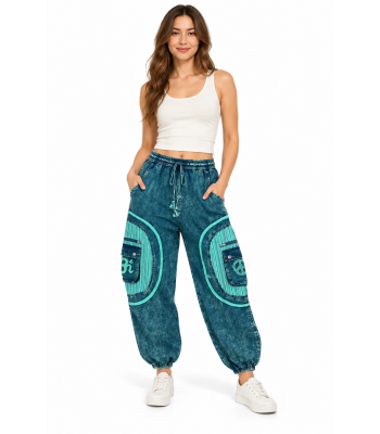 Cotton Stonewash Teal Square Peace & Om  Cargo Yoga Pant D1121 