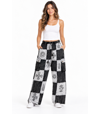 Cotton Stonewash Multi Patch Block Print Black and White Rock Pant D1297 