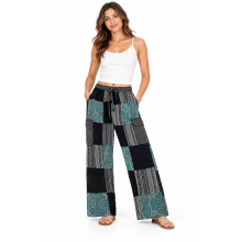 Cotton Xo Patchwork Black and White Teal Tribal Pant D1340