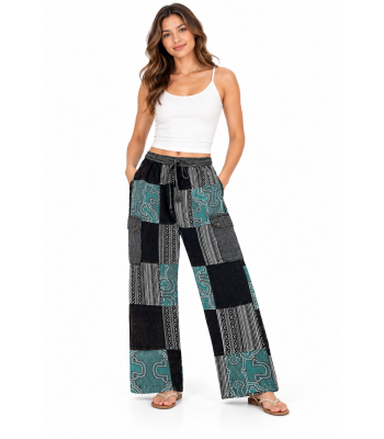 Cotton Xo Patchwork Black and White Teal Tribal Pant D1340 