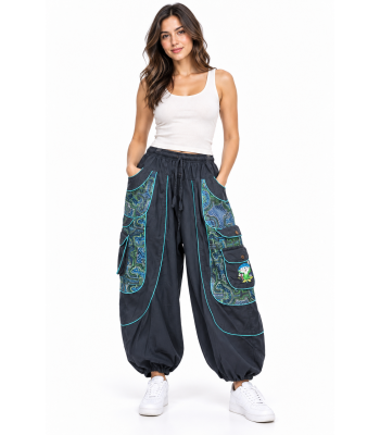 Cotton patchwork Denim Blue floral Embroidery Mushroom Pant D1425