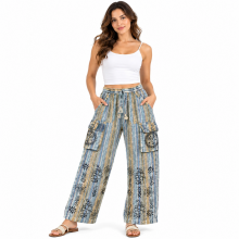 Cotton Blue Multi Box Pocket  Block Print Pants (D143)