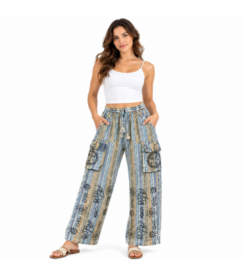 Cotton Blue Multi Box Pocket  Block Print Pants (D143)