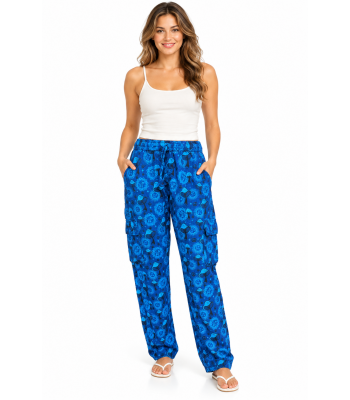 Cotton Sun Moon Mushroom Print Denim Blue Box Pocket Draw String Yoga Pant D433