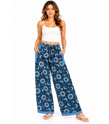 Cotton White Sun moon Galaxy Blue Plazzo Pant D865 