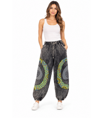 Cotton Stonewashed BLK With Green Patch Circle Pant DT25801