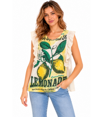 Cotton Vintage Feed Sack Lemonade Ruffle slv Less Top  KTF26220