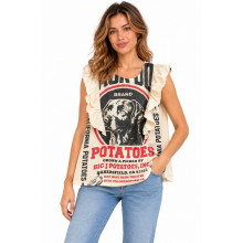 Cotton Vintage Feed Sack Dog  Ruffle Slv Less Top KTF26221