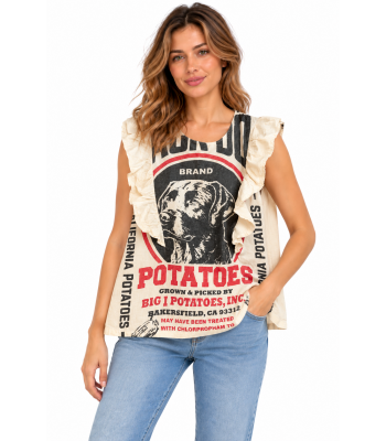 Cotton Vintage Feed Sack Dog  Ruffle Slv Less Top KTF26221