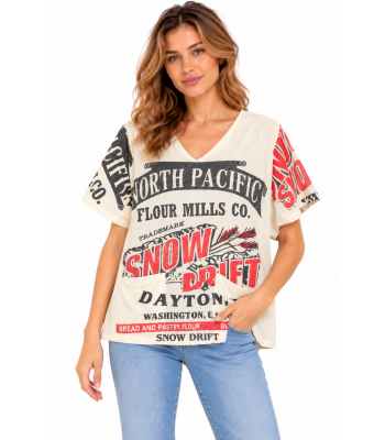 Cotton Vintage Feed Sack Flour Mills Half Sleeve V Neck Top  KTF26228
