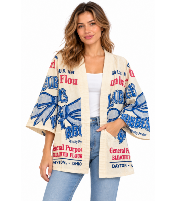 Cotton Vintage Feed Sack Dayton Blue Ribbon Cardigan Jacket KTF26235