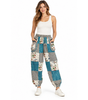 Cotton Multi Patchwork Teal Mushroom Pant D937